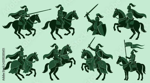 Photos Set of medieval knight icons on horseback with weapons
