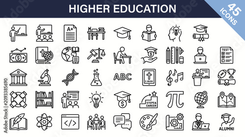 Collection of vector icons illustrating higher education concepts: campus life, students, STEM, research, exams, online learning, graduation, and academic activities