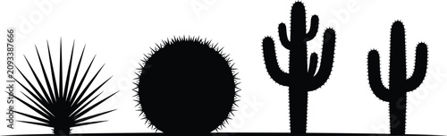 Set of black silhouettes of desert plants including agave saguaro and barrel cactus isolated on white background