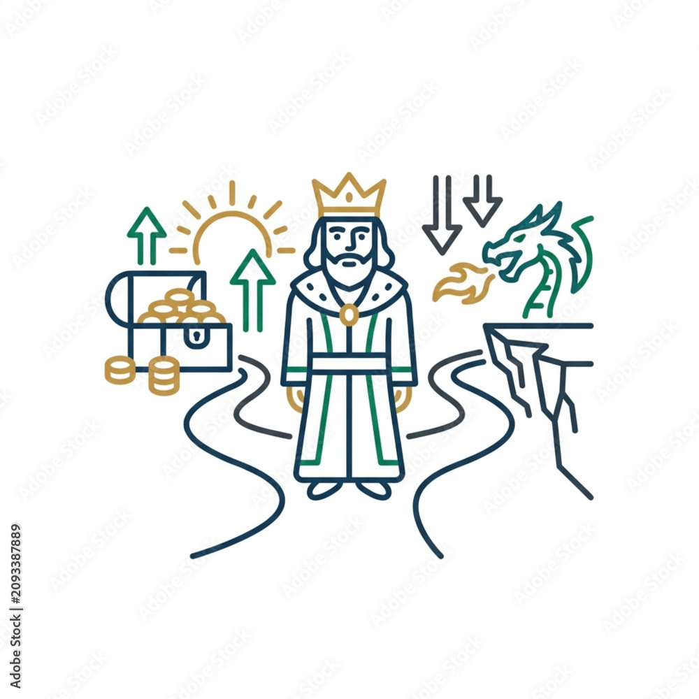 Naklejka premium King standing on a path with treasure and dragon symbols.