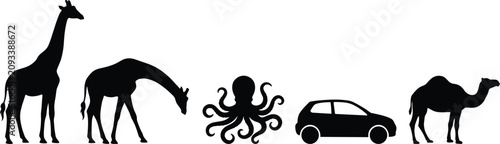 Foto Set of diverse black icons featuring standing and bending giraffes octopus compa