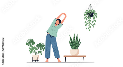 Canvastavla A young person performs morning stretches in a peaceful room decorated with several lush green indoor plants against a white backdrop