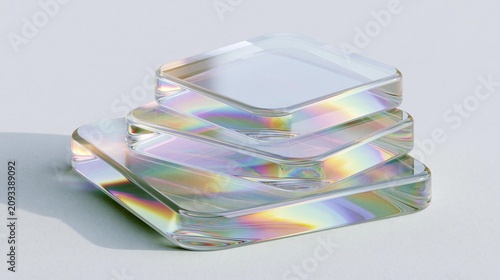 3d rendering of a stack of three square-shaped objects. the objects are made of transparent glass and have a rainbow-colored iridescent finish.