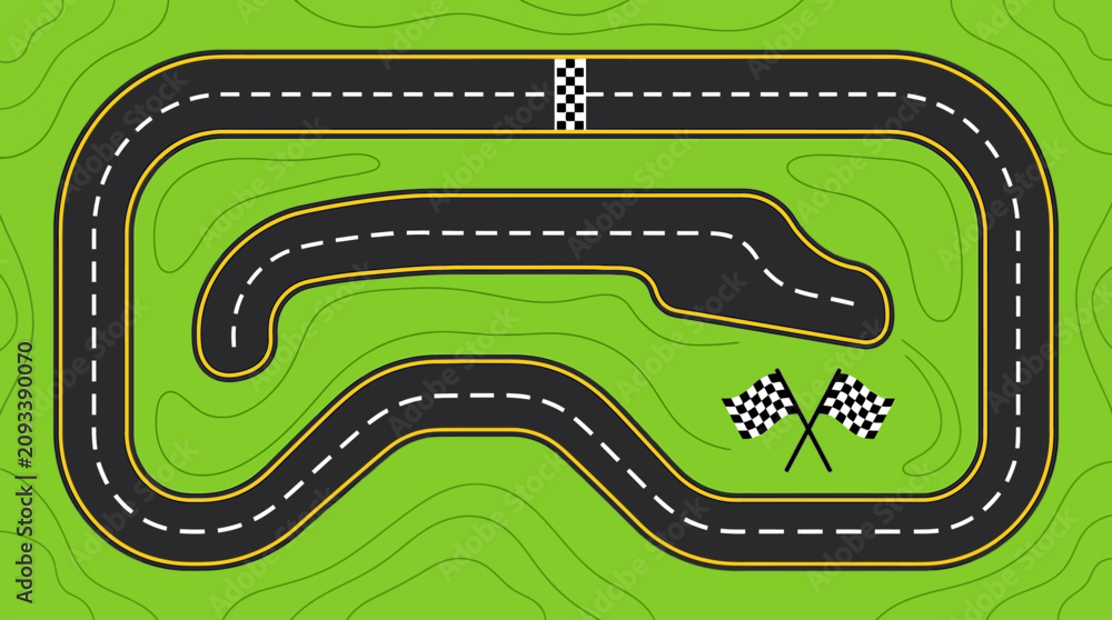 Fototapeta premium Aerial Top View Vector Illustration of a Winding Race Track with Checkered Flags