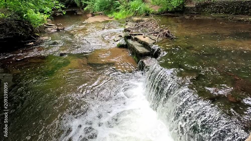 Water cascades over a small woodland waterfall into a gentle stream as the camera slowly pushes in in super slow motion, highlighting every ripple, splash, and the peaceful forest surroundings.