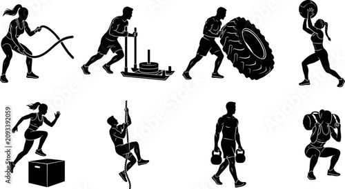 Foto Set of silhouettes of people doing intense functional fitness exercises