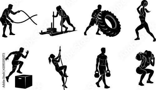 Quadro su tela Set of athletic people doing crossfit and functional fitness exercises