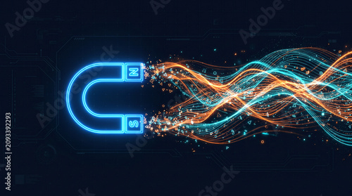 Neon magnet attracts glowing orange and blue electric streams in space