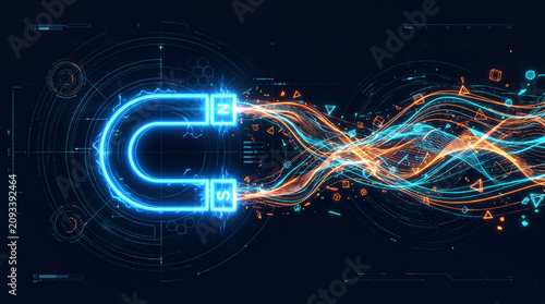 Electricity flows through glowing blue and orange circuits and magnets in a dark technology lab with science and industry elements.