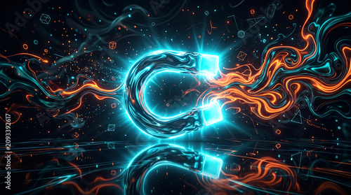Glowing neon orange and blue circuit board sparks fly through space