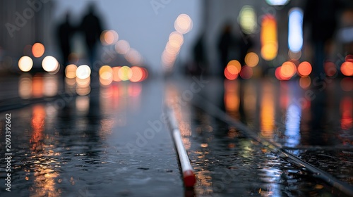 Wet city street with blurred lights and a cane in the foreground
