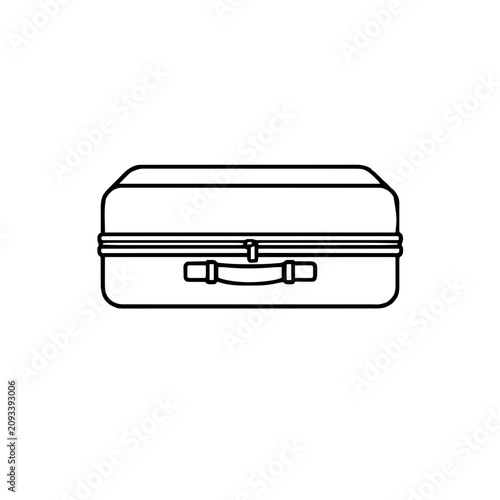 Suitcase front view, black outline icon. Simple vector illustration showing travel luggage with zipper and handle. Minimal design for tourism, packing, or transportation concepts.