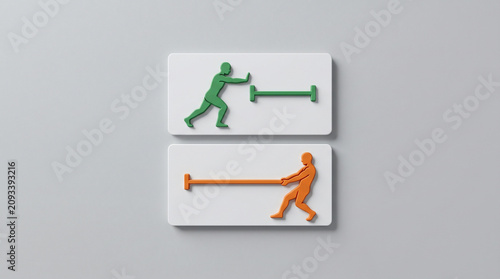 Two people are pulling a rope in opposite directions on white boards