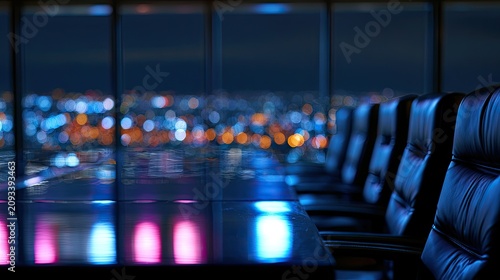 Illuminated boardroom with cityscape view at night