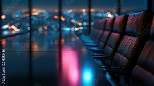 Executive boardroom with city lights reflection
