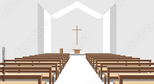 Canvastavla Interior view of empty church hall with wooden pews and altar with cross at front on white background flat vector design
