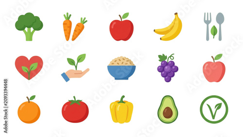Vegetables and Fruit Icon Set with Vegetarian Food and Healthy Nutrition Symbols