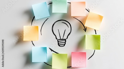 Creative brainstorming concept with colorful blank sticky notes arranged in circle around hand-drawn light bulb and arrows on white background