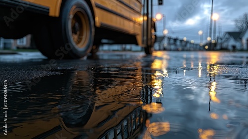 Yellow vehicle's reflection on wet street at dusk
