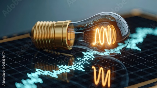 Close-up of illuminated vintage filament light bulb lying on reflective surface with digital data waveform graph representation and dark background, concept of innovation and technology