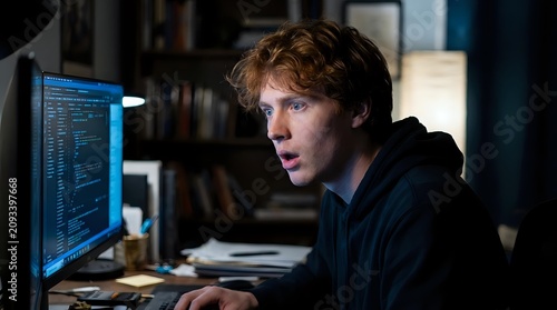 Young male programmer with reddish-brown hair, Caucasian ethnicity, wearing dark clothing, focused on computer code displayed on monitor in modern office workspace at night.