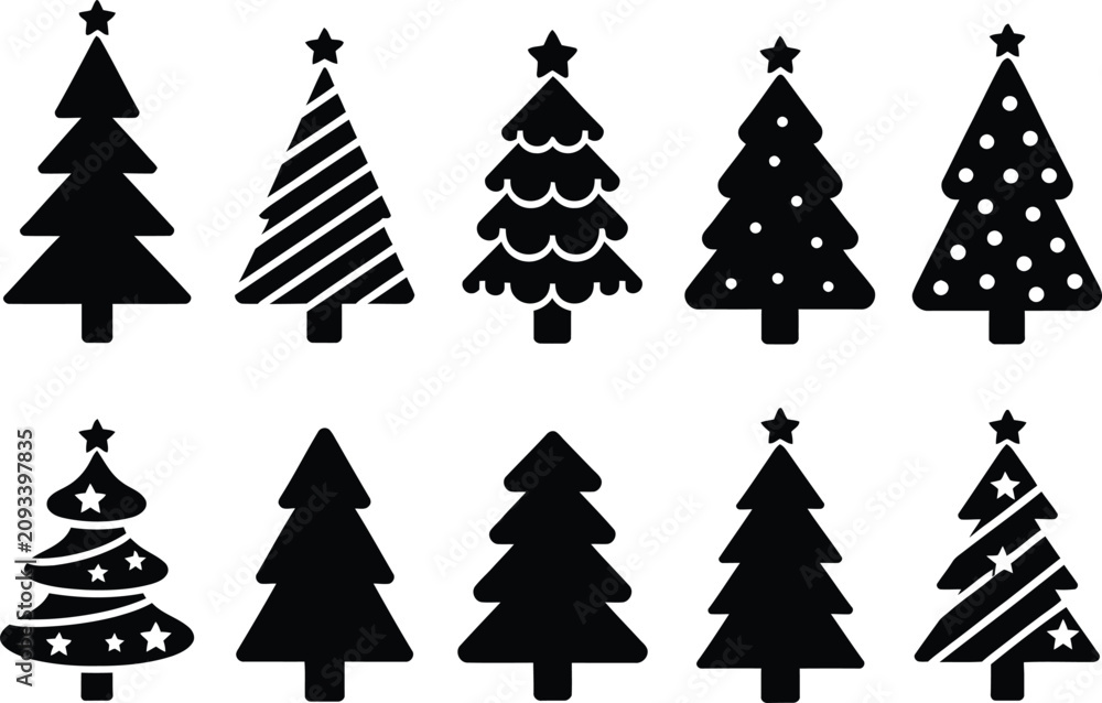 Obraz premium Collection of decorative christmas trees with varied patterns for seasonal themes.