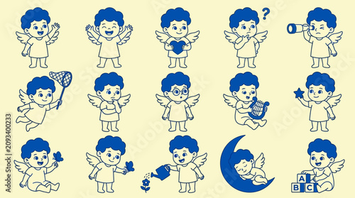 Vászonkép Cute Cartoon Baby Angel Character Set with Various Emotions and Activities, Blue
