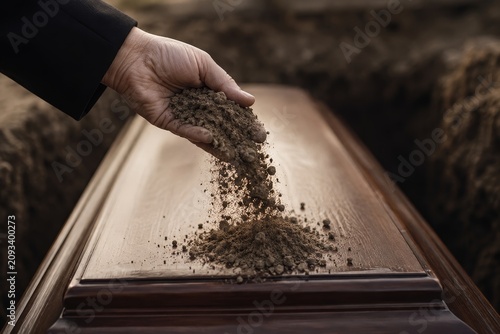 Woman throwing soil on wooden coffin during funeral ceremony. Ritual of burial in cemetery. Final farewell and act of mourning for deceased relative. Sad tradition of death and loss.