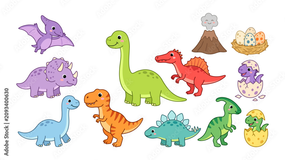Naklejka premium Cute Dinosaur Vector Set, Kawaii Prehistoric Animal Illustration
