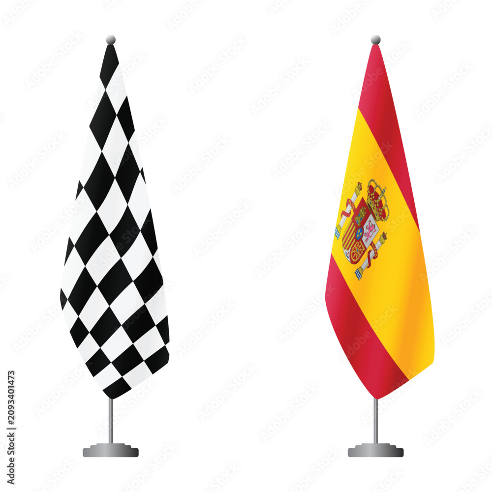 Obraz premium Checkered and Spain flags on flagpoles for official ceremonies and meetings, transparent background vector