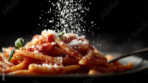 A macro shot of grated cheese falling onto pasta with tomato sauce captured mid-air
