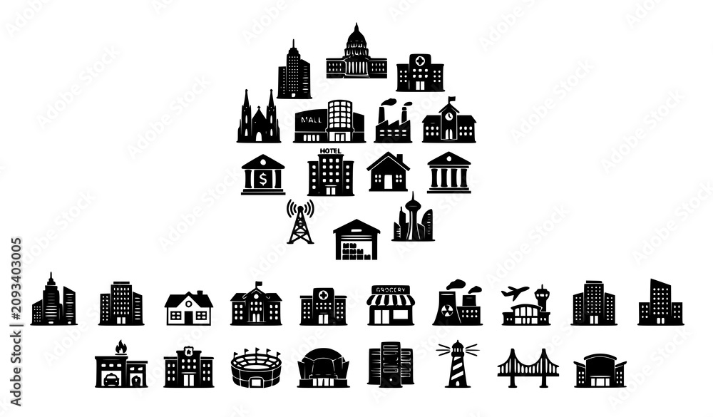 Obraz premium City Building Icon Pack with Black and White Architecture Symbols Vector Illustration