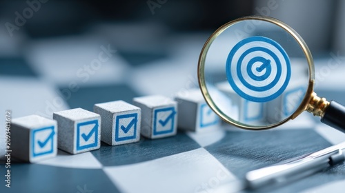 Magnifying glass over cubes with target symbol suggesting business goals