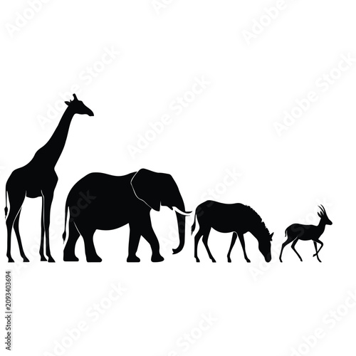 Canvas Print African safari silhouette vector illustration showing giraffe elephant zebra and antelope