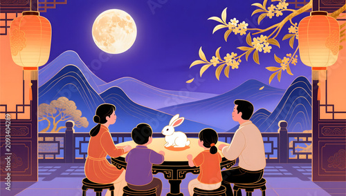 family silhouettes gathered around courtyard table mid autumn festival illustration background
