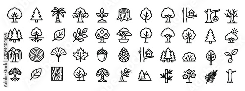Foto Minimalist tree line icons set, outline nature and forest vector symbols, collec