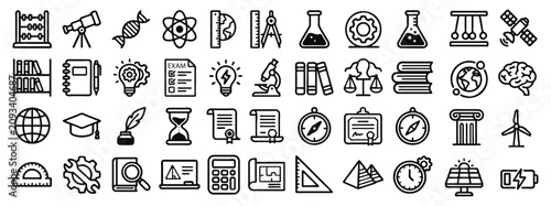 Schilderij op canvas Science and education line icons set, 44 school subject vector symbols, black ou