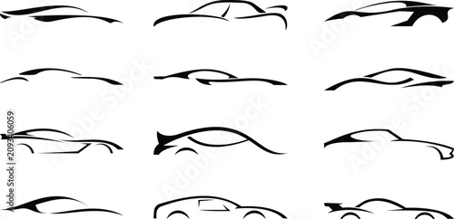 Cuadro en lienzo Set of Minimalist Sports Car Silhouettes and Automotive Logo Designs