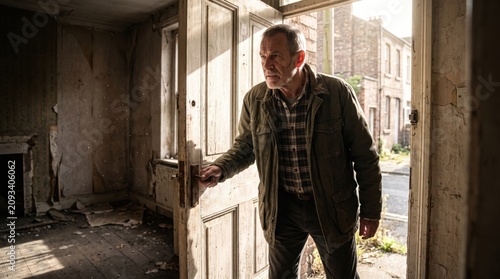Elderly Man Courageously Entering Abandoned House in Dramatic Light
