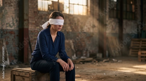 Woman Blindfolded Sitting Alone in Abandoned Warehouse with Sunlight