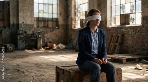 Blindfolded Businesswoman in Abandoned Warehouse with Cinematic Light