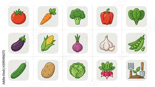 Vegetable Icon Set with Organic Food and Garden Produce Symbols