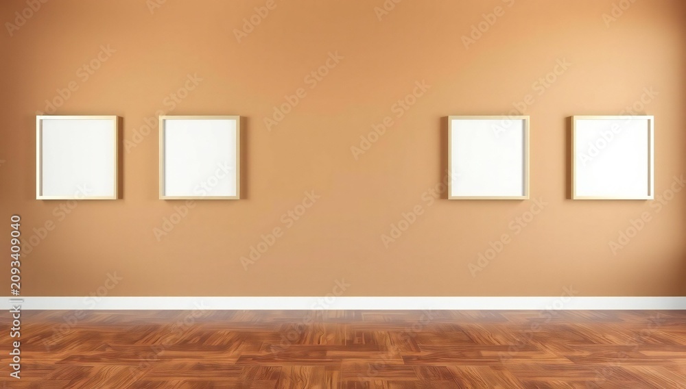 Fototapeta premium Four empty square picture frames hanging on a plain light brown wall in an empty room with a wooden floor