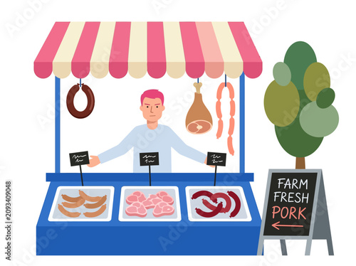 Butcher at market stall selling fresh pork and sausages vector illustration