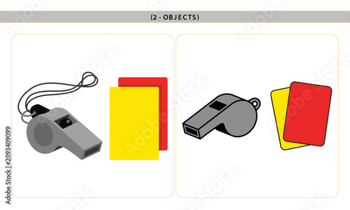 Foto Set of Soccer Referee Whistles and Red and Yellow Penalty Cards Vector Illustrat