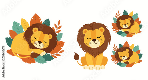 Canvas Print Cute Cartoon Lions in Various Poses Surrounded by Autumn Leaves.