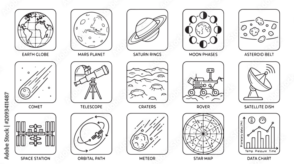 Fototapeta premium Space Icons, Astronomy Symbols, Black and White Vector Graphics, 16 Space Exploration Elements