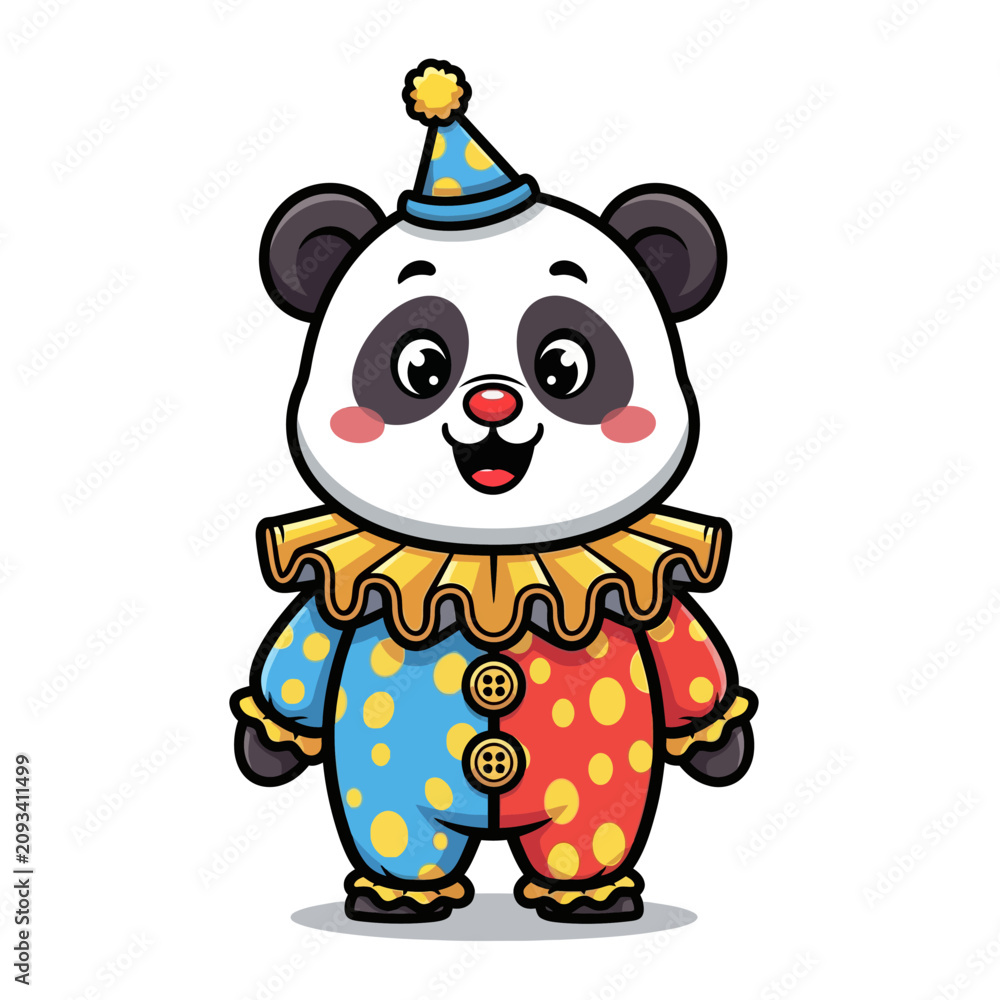 Fototapeta premium Cute Cartoon Panda Bear Wearing a Colorful Clown Costume with a Party Hat and Frilled Collar for Childrens Birthday Party Celebration Graphics