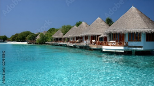 Overwater bungalows on turquoise water under clear blue sky paradise