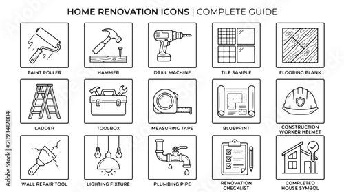 Home renovation icons, complete guide, 20 black line icons, DIY symbols, construction signs